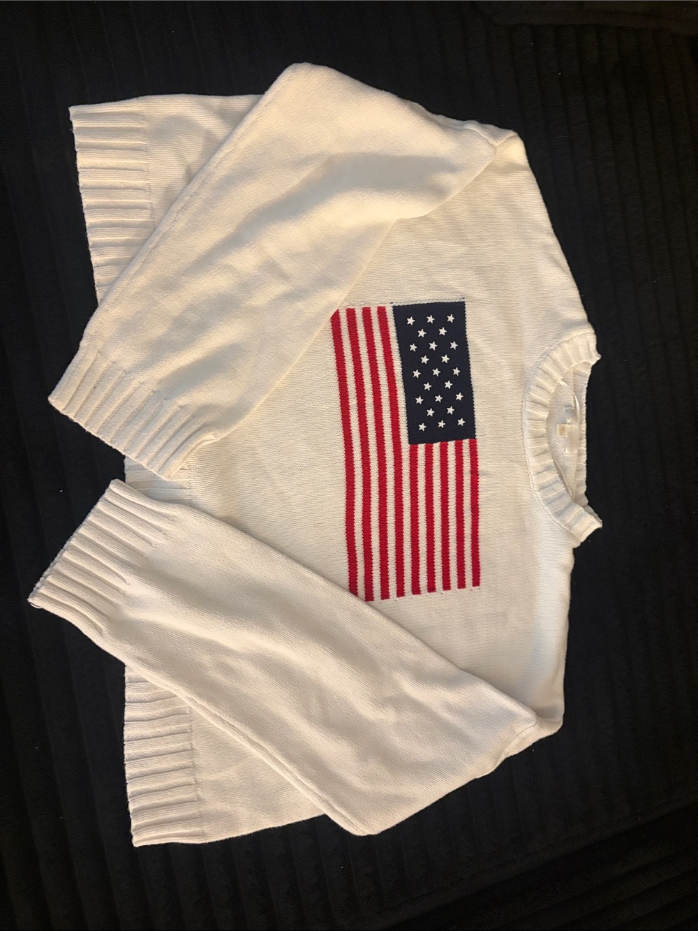 womans White Crewneck Sweater with American Flag - fits like a small
